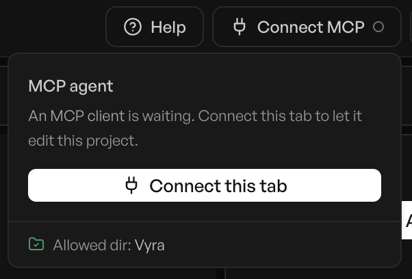 Connect MCP button in the editor top bar, with the popover showing a Connect this tab button